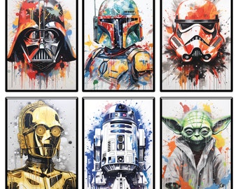 Puede incluir: Un conjunto de seis pinturas de acuarela coloridas con personajes icónicos de Star Wars. Los personajes incluyen Darth Vader, Boba Fett, un Stormtrooper, C-3PO, R2-D2 y Yoda.
