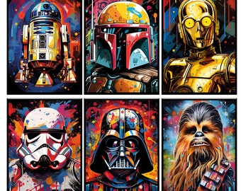 Star Wars Graffiti Art Set of 6, Star Wars Prints, Stars Wars Posters, A4 Digital Prints, Darth Vader, Storm Trooper, R2D2, Star Wars Gifts