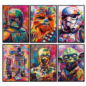 Star Wars-tryck, set med 6, Star Wars popkonstgraffitiväggtryck, Star Wars-affisch, Bobba Fett, Stormtrooper, Yoda, Chewbacca-väggkonst