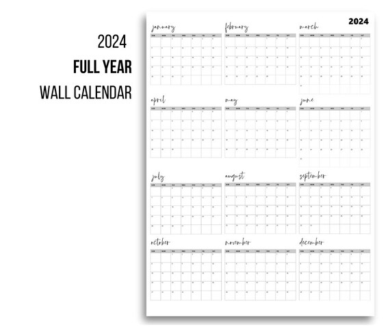 2024 full year poster calendar portrait yearly calendar printable pdf  instant download - etsy
