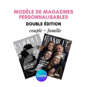 Peut inclure: Deux couvertures de magazines, l'une intitulée "COUPLE" et l'autre "FAMILLE". La couverture "COUPLE" est en noir et blanc et présente un couple qui s'embrasse. La couverture "FAMILLE" est en couleur et présente une famille de quatre personnes qui s'embrassent.