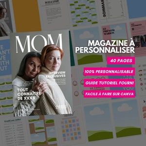 K&ouml;nnte beinhalten: Ein Magazincover mit dem Titel "MOM" in gro&szlig;en wei&szlig;en Buchstaben. Das Cover zeigt ein Foto von zwei Frauen, eine mit roten Haaren und die andere mit braunen Haaren, die sich umarmen. Das Magazin hei&szlig;t "Magazine &agrave; Personnaliser" und enth&auml;lt den Text "40 Seiten", "100% Personalisierbar", "Anleitungstutorial im Lieferumfang enthalten" und "Einfach auf Canva erstellen".