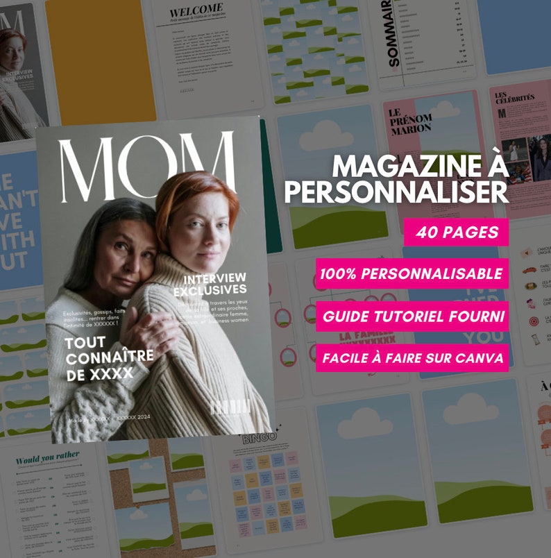K&ouml;nnte beinhalten: Ein Magazincover mit dem Titel "MOM" in gro&szlig;en wei&szlig;en Buchstaben. Das Cover zeigt ein Foto von zwei Frauen, eine mit roten Haaren und die andere mit braunen Haaren, die sich umarmen. Das Magazin hei&szlig;t "Magazine &agrave; Personnaliser" und enth&auml;lt den Text "40 Seiten", "100% Personalisierbar", "Anleitungstutorial im Lieferumfang enthalten" und "Einfach auf Canva erstellen".