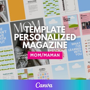 Puede incluir: Un collage rosa y azul de plantillas de revistas con el texto "MOM TEMPLATE PERSONALIZED MAGAZINE MOM/MAMAN" y el logotipo de Canva. Las plantillas presentan varios diseños, incluyendo una tarjeta de bingo familiar, una página "What I've Learned With You" y una página con el texto "Tout Connait de XXXX".