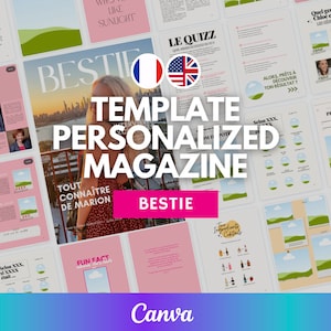 以下が含まれることがあります： ピンクと白の雑誌テンプレートで、大きな太字で「TEMPLATE PERSONALIZED MAGAZINE」というテキストが書かれています。雑誌の表紙には、都市の街並みを背景に女性の写真が掲載されています。この雑誌はCanvaで使用するために設計されています。