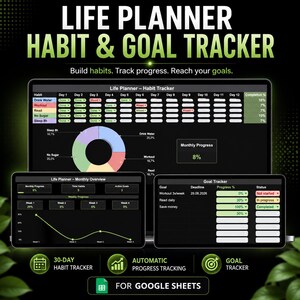 Könnte beinhalten: Ein digitaler Lebensplaner, Gewohnheits- und Ziel-Tracker für Google Sheets auf Bildschirmen. Die Benutzeroberfläche bietet Dark-Mode-Diagramme, Fortschrittsbalken und Tabellen zur Verfolgung täglicher Gewohnheiten, monatlicher Fortschritte und Ziele.