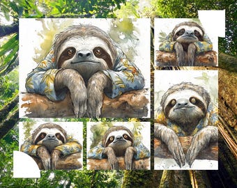 Bored Sloth on Log | 5 High Quality PNGs | Digital Download | Clip Art | Card Making | Digital Paper Craft | Instant Download