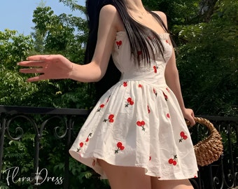 Coquette Aesthetic Lace Cherry Dress for Summer, Cottagecore Clothing, Princesscore Dress, Soft Girl Aesthetic