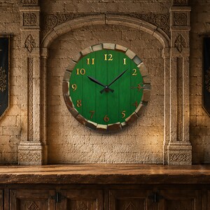 Green Door Acrylic Wall Clock | Rustic Round Door Clock | Cozy Fantasy Cottage Decor