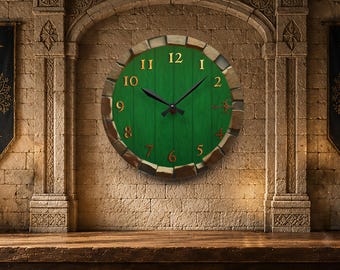 Reloj de pared acrílico Green Door / Reloj de puerta redondo rústico / Decoración acogedora estilo cabaña de fantasía