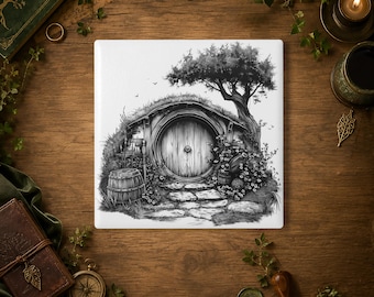 Porta-copos redondo | Arte campestre em preto e branco | Porta-copos para bebidas