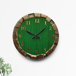 Hobbit Door Acrylic Wall Clock | Rustic Green Round Door Clock | Fantasy Shire Inspired Home Decor