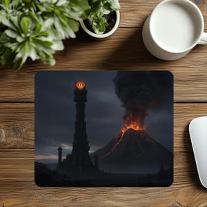 May include: A rectangular mousepad featuring a dark fantasy landscape. A tall, ominous tower with a glowing eye sits near a fiery volcano. The scene is set under a dark, cloudy sky, creating a dramatic and foreboding atmosphere.