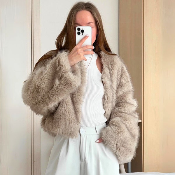 Luxury Cropped Fur Coat • Fluffy Short Fur Coat • Female Coat • Lady Cropped Jacket for Winter • Warm Fur Coat • Gift For Her Girlfriend