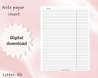 Lined Note Paper for planning or journaling | A5 or Letter | printable notes pages | Planner insert