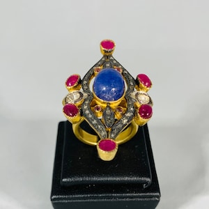 Blue sapphire, Ruby ring with diamonds