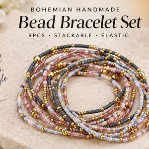 May include: A 9-piece stackable elastic bead bracelet set featuring small gray, pink, and translucent beads interspersed with metallic gold spheres. Text on the image reads: BOHEMIAN HANDMADE Bead Bracelet Set 9PCS STACKABLE ELASTIC Small beads, big style.