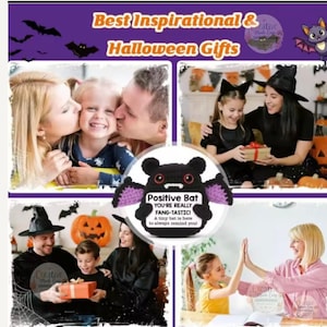 May include: A black crocheted bat plush toy with purple inner wings, red eyes, and white fangs. A white tag on the front reads: Positive Bat, YOU'RE REALLY FANG-TASTIC! A tiny bat is here to always remind you! The bat is shown in a collage.