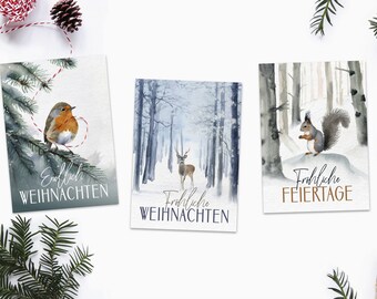 Weihnachtskarte | Happy Holidays Postkarte | Merry Christmas | Grußkarten Set Klappkarte I Handgemacht | Aquarell | mit Umschlag | Waldtiere