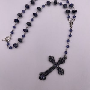 Purple rosary styled necklace cross gray church necklace long old aesthetic architecture necklace with crystal beads and charms