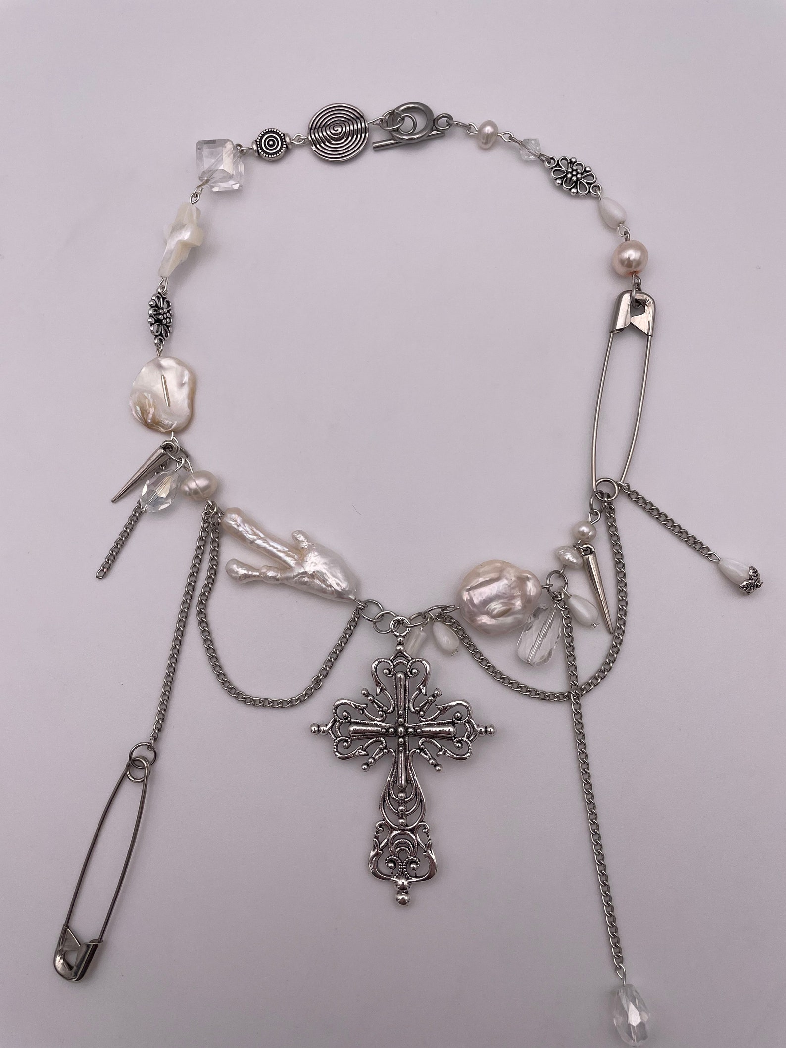 Unique Pearl Safety Pin Necklace Alternative Cross Dangle Chain White ...