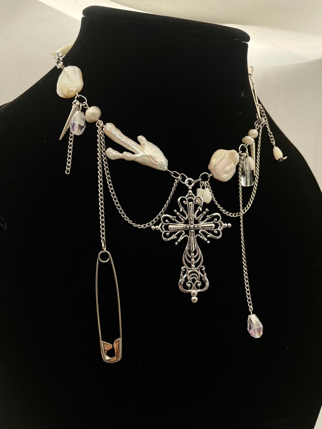 Unique Pearl Safety Pin Necklace Alternative Cross Dangle Chain White ...