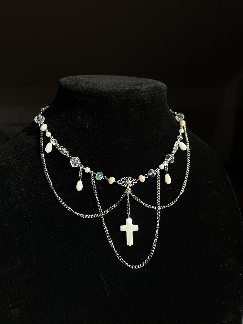 Pearl Cross Chain Gothic Style Necklace Teardrop Bead Chain Work Unique