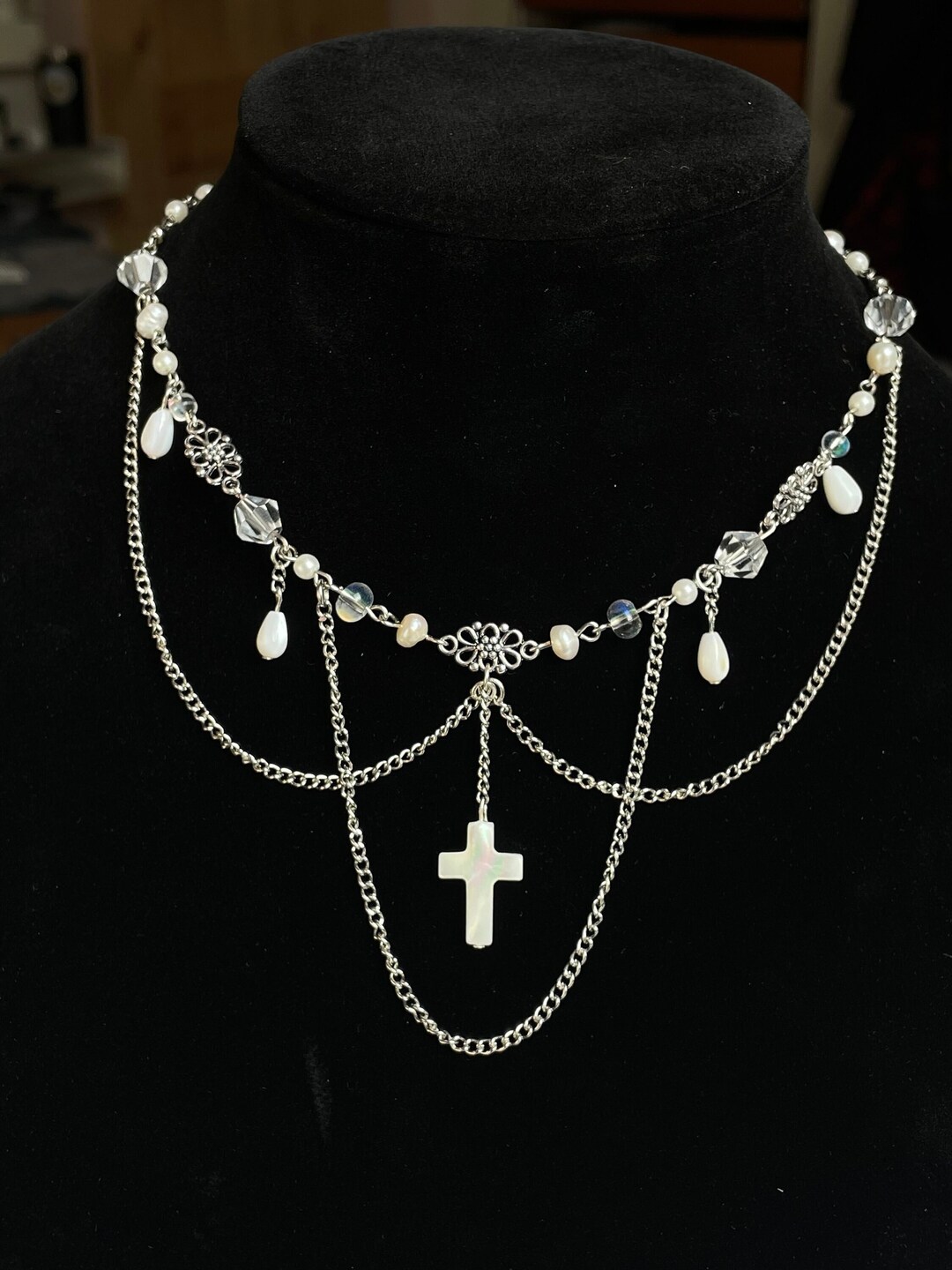Pearl Cross Chain Gothic Style Necklace Teardrop Bead Chain Work Unique