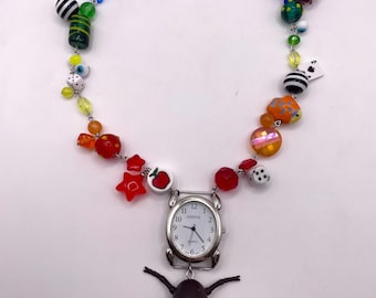 Beetle clock rainbow decora inspired necklace charm beaded necklace for clowns and jesters