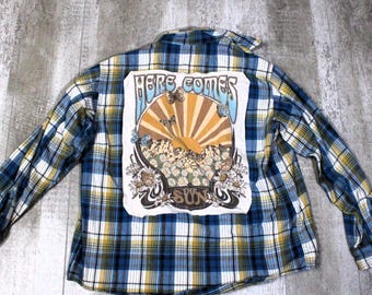 Upcycled Graphic Flannel Shirt: Here Comes The Sun, The Beatles