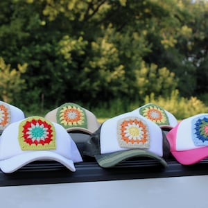 Handmade Crochet Patch Trucker Hat | Retro Granny Square Mesh Cap | Boho Summer Hat | Cute Women's Baseball Cap