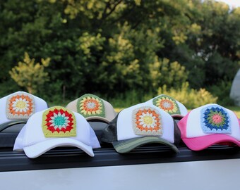 Handmade Crochet Patch Trucker Hat | Retro Granny Square Mesh Cap | Boho Summer Hat | Cute Women's Baseball Cap