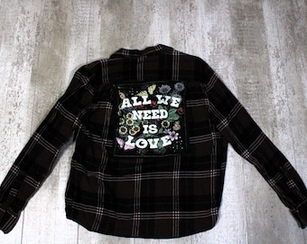 Upcycled Graphic Flannel Shirt: All We Need Is Love, The Beatles