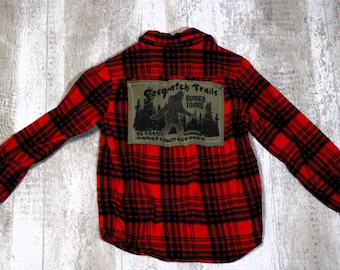 Upcycled Kids Graphic Flannel Shirt: Sasquatch Big Foot