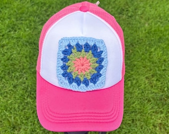 Grandma Square trucker hat, Granny Square, Patch Hat,