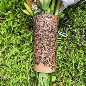 Tooled Wedding Bouquet Wrap, Floral Bouquet Holder, Leather Flower Wrap, Rustic Wedding Decor, Bridal Bouquet Accessory
