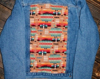 Western Denim Jacket, Upcycled Denim Jacket, Jean Jacket, Rodeo Jacket, Cowgirl Denim, Western Wear, Denim Jacket, Aztec Denim Jacket,