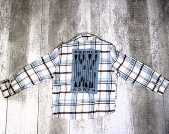 Upcycled Kids Graphic Flannel Shirt: Paddle North Outdoors Water Lake
