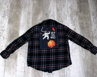 Upcycled Kids Graphic Flannel Shirt: Out Of This World, Astronaut