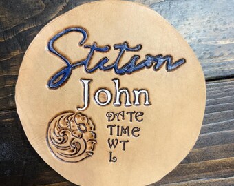 Hand tooled leather baby announcement