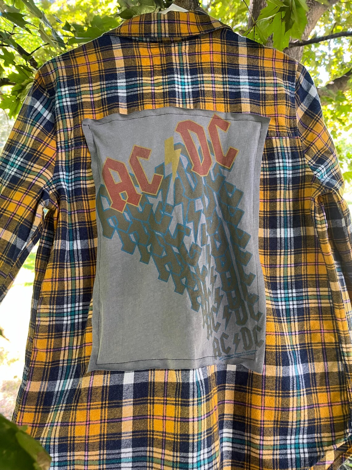 Upcycled Graphic Flannel Shirt: Women's Plaid Top, AC/DC Design - Etsy