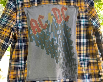 Upcycled Graphic Flannel Shirt: Women's Plaid Top, AC/DC Design