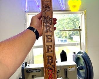 Hand tooled leather guitar strap