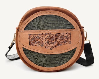 Canteen Purse Crossbody, Round Tooled Purse