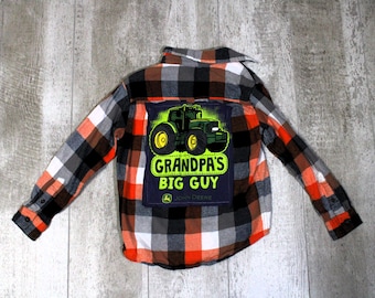 Upcycled Kids Graphic Flannel Shirt: John Deere Tractor Grandpas Big Guy