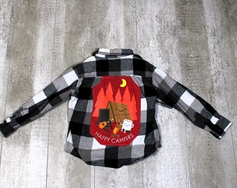 Upcycled Kids Graphic Flannel Shirt: Camping