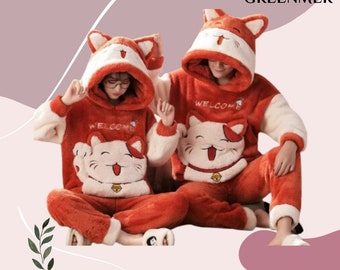 Winter Thicken Couples Pajamas Sets Sleepwear Adult Cartoon Cat Kawaii Women Men Anime Pyjamas Korean Hoodie Suits Nightgown