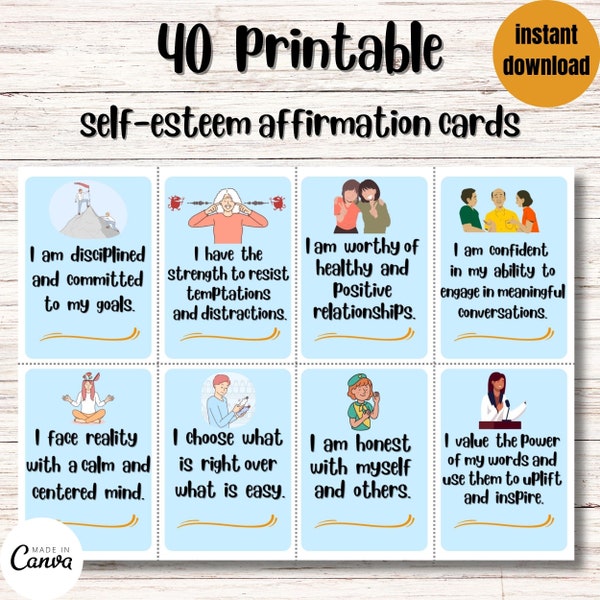 40 printable self-esteem affirmation cards, self-love, self-care, willpower, it can be used for kids, instant download.