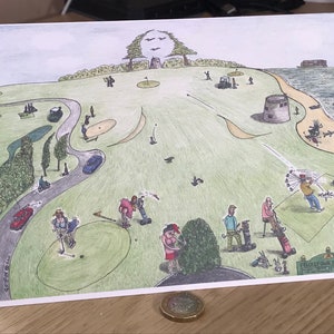 Tarjeta de dibujos animados divertidos del campo de golf del artista Steve Royce Griffin tarjeta de golfistas tarjeta de campo de golf de dama bien formada.