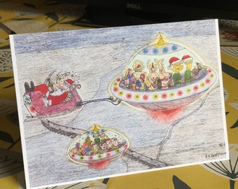 UFO Christmas Card X4: Santa Towed by Aliens, Funny Xmas Card (A5).